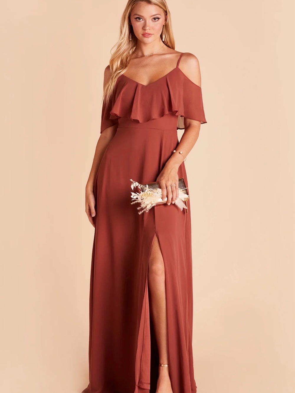 Birdy Grey One-Shoulder Ruffle Maxi Dress in Rust